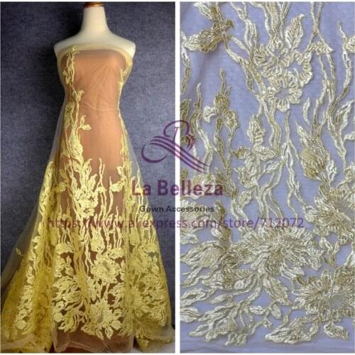 La Belleza New fashion style polyester sequins on mesh embroidered off whtie/yellow wedding dress lace fabric 51'' width 1 yard