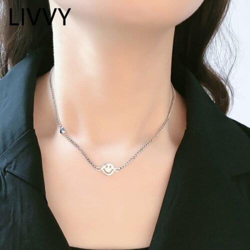 LIVVY Silver Color Party Necklace for Women Vintage Simple Smile And Heart Shape Pendant Clavicle Chain Jewelry Gift