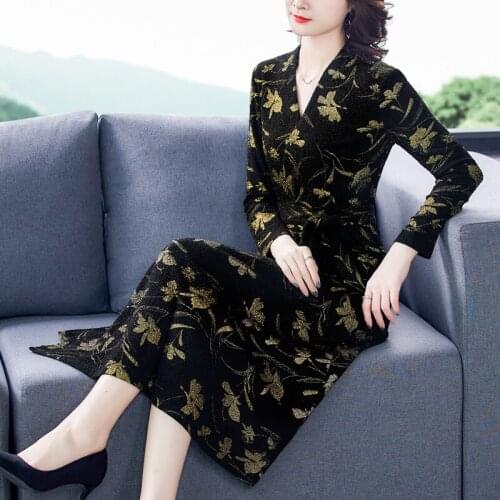 Autumn Print Black Vintage V-Neck Midi Sequins Dress 2021 Spring Casual Beach Dress Women Elegant Bodycon Party Runway Vestidos