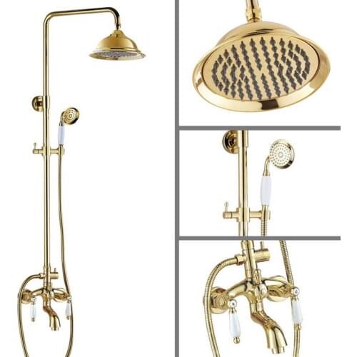 Gold Color Brass Ceramics Levers 8.2" Large Shower Head Wall Mount Bathroom Rainfall Shower Faucet Set Bathtub Mixer Tap agf433