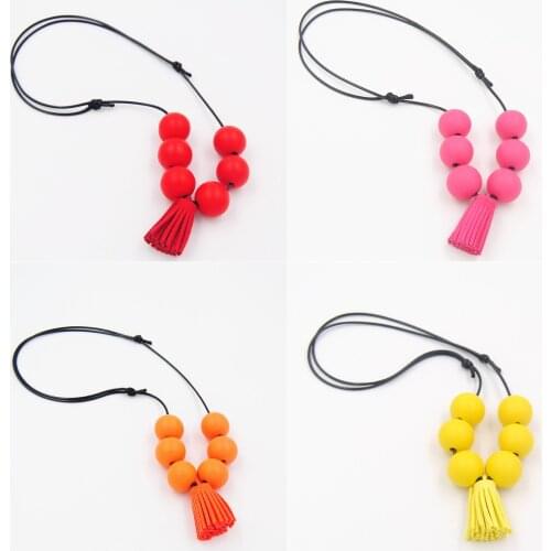 1pc New Cute Tassel Wood Round Ball Pendant Long Women Sweater Necklace With Colorful Tassel Summer Jewelry Clothes Accessories