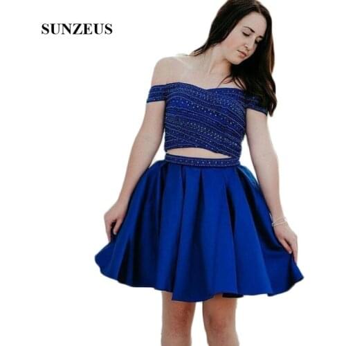 2 Pieces Homecoming Dresses Sweetheart Stunning Beaded Luxurious Prom Gowns Royal Blue Satin Graduation Dresses SHD15