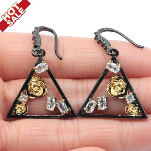39x26mm Neo-Gothic Trangle Shape Created White Bright Zircon Tanzanite Cool Black Metal Silver Earrings Pendant Jewelry Set