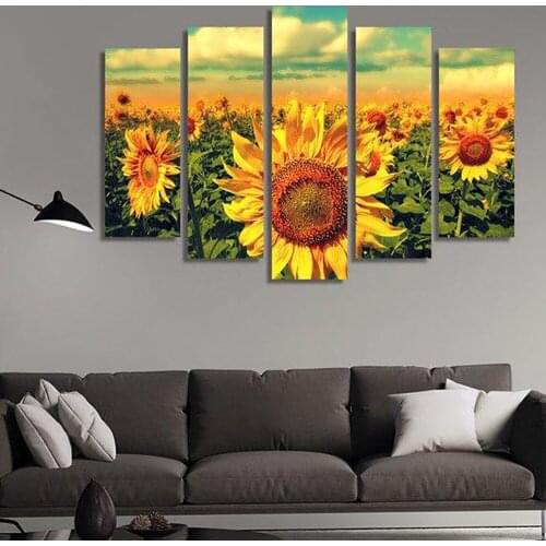 5 Pieces Wall Art Canvas Painting Natural Scenery Poster Yellow Sun Flower Modern Home Decoration Living Room Modular Picture