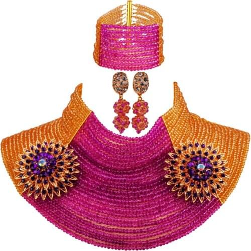 African Beads Jewelry Set Champagne Gold and Purple 25 Layers 4mm Crystal Bead Necklace 25LC06