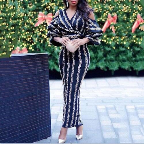 Long African Dresses for Women Party Stripe Glitter Dashiki Bodycon Dress Africa Clothing Ruffle Sleeve Robe African Clothes