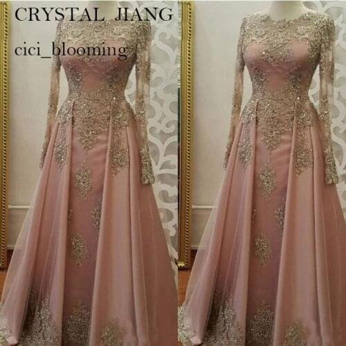 Long Sleeves Pink Satin Mother Of the Brides Dresses With Golden Color Lace Appliques