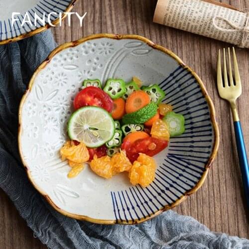 FANCITY Creative Japanese style ceramic tableware hand-painted blue rain salad bowl fruit bowl dessert bowl breakfast bowl