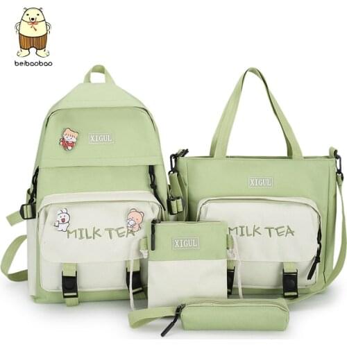 4 Pcs Sets Backpack Canvas School Bags For Teenager Girls Women Backpack 2021 New Cute College Student Shoulder Bag For Girl