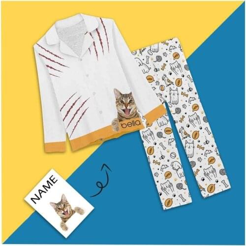Custom Name&Photo My Pet Cat Simple Design Sleepwear Women Nightwear Personalized Female Indoor Girl Long Soft Pajama Set Suit