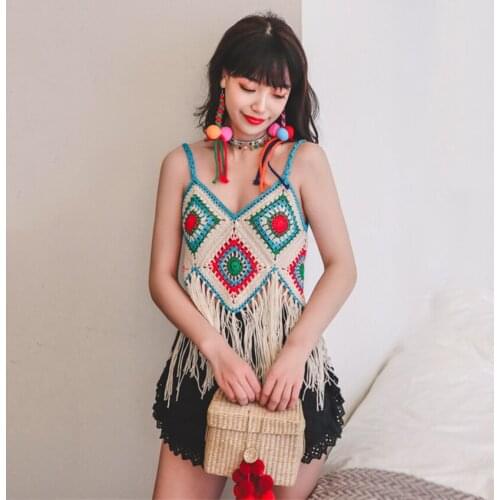 Summer Boho Crop Top Women Bralette Tassel Beach Crochet Tops Camis Mujer Colorful Bohemain Cropped Holiday Tee Shirt Femme