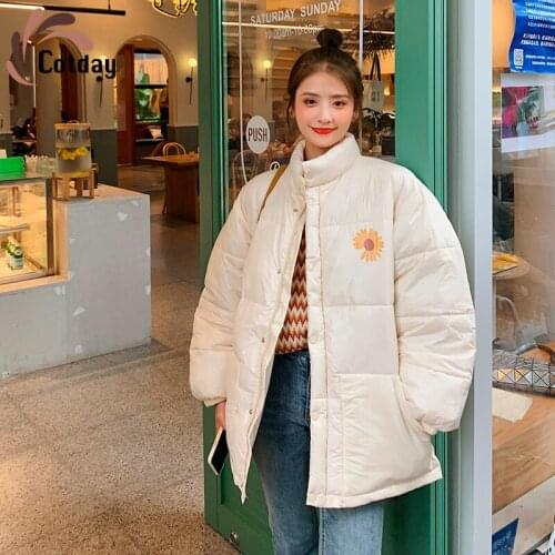 Cotday Stand Collar Floral Sweet Single Breasted Glossy Winter Warm Jacket Oversize Women Short Parka Female Casual Parka Coat