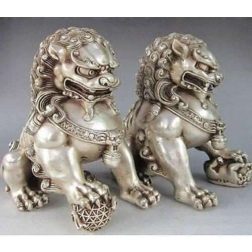 Copper Statue 12*12cm Chinese Silver Guardian Lion Foo Fu Dog Statue Pair