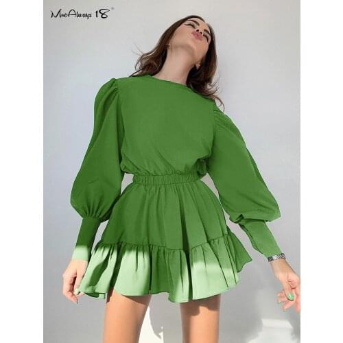 Mnealways18 Lantern Sleeve Vintage Dress Long Sleeve O-Neck Casual Women Ruffle Dress Short Mini Pleated A-Line Frill Dress Lady