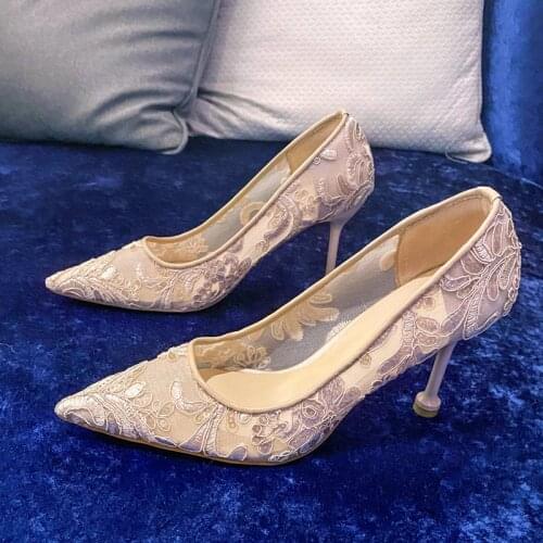 Bride Shoes Light Cloud Embroidery 6cm 8cm High Heels New Summer Thin Heeled Pointed Toe Lace Wedding Shoes Mesh Air Women Pumps