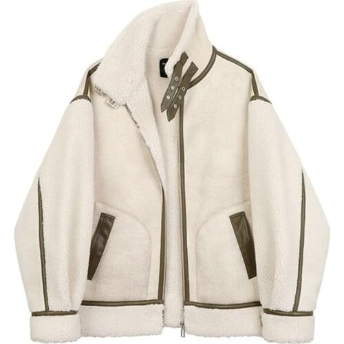 Trendy Winter Lambs Wool Splicing Pu Leather Jacket Women Fur Warm Thick Parkes Stand Collar Faux Lamb oversized Coat Outwear