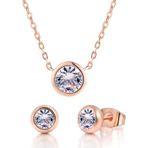 MxGxFam Rose Gold Color Bezel Setting Zircon Pendant Necklace and Stud Earring Jewelry set For Women Russian Gold High Quality