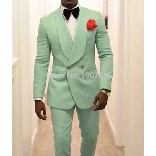 Mint Green Floral Slim Fit Mens Suits with Double Breasted for Wedding Groom Tuxedo 2 Piece Set Jacket Pants Singer Prom Stage