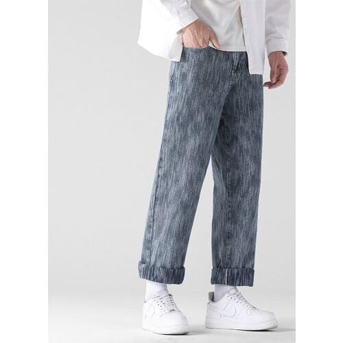 2021 Autumn New Mens Patterned Denim Wide-leg Pants Streetwear Korean Style Baggy Jeans Male Brand Clothes