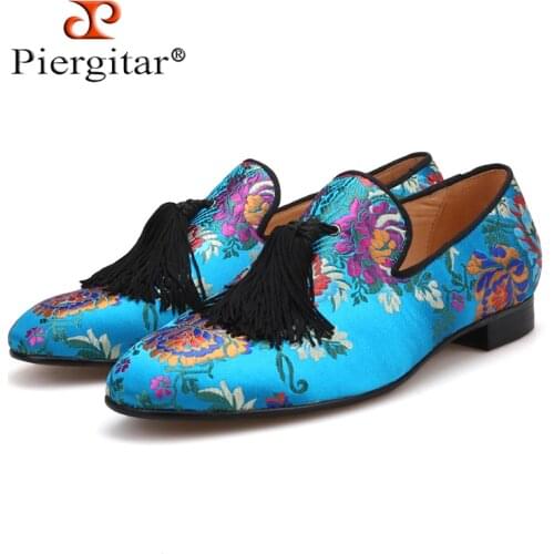 Pierigtar new arrival Chinese style luxury flower silk shoes Handmade men tassel loafers plus size mens party/wedding shoes