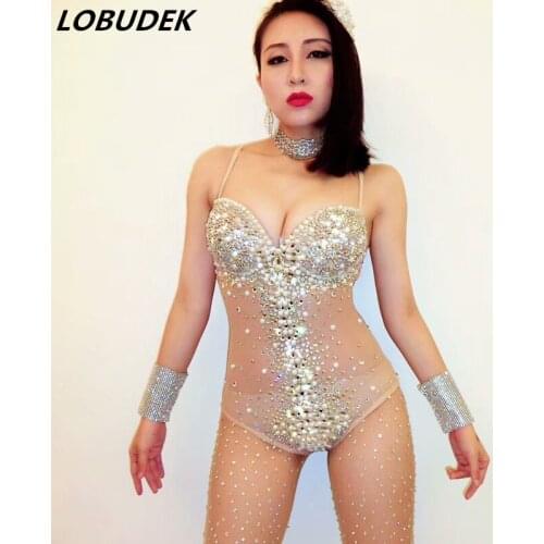 Full Diamond Sexy Backless Bodysuit Sparkly Crystals Leotard Catsuit Nightclub Singer Bar Dancer Stage Costumes DJ DS Show Wears
