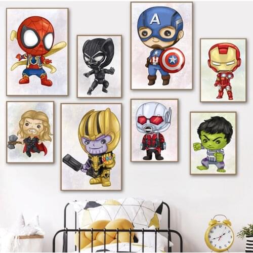 Marvel Lovely Child Superhero Iron Man Captain America Spiderman Watercolor Poster Wall Art Kids Home Room Decor Canvas Painting
