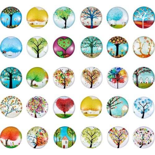 50pcs Glass Cabochons Tree of Life Printed Dome Charms for Jewelry Necklace Making DIY Accessories Mixed Color 25x7mm