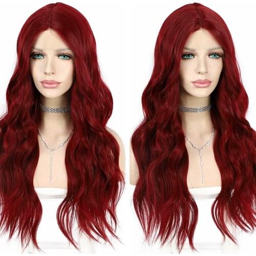 Dark Red Synthetic Lace Wigs Long Natural Wave T Middle Part Wig for Women Wear Heat Resistant Party Cosplay Daily Drag Queen