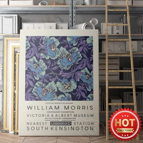 William Morris Centenary Exhibition Poster, Morris Acanthus Vines Purple Blue Blossoms Pattern Fabric Wall Picture, Home Decor