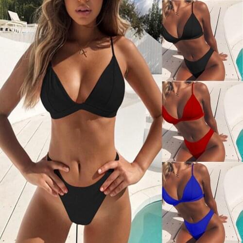 Hirigin Thong Bikini Set 2019 New Women Swimwear Pure Color Push Up Padded Swimsuit Biquini Women Bathing Suit Summer Beachwear