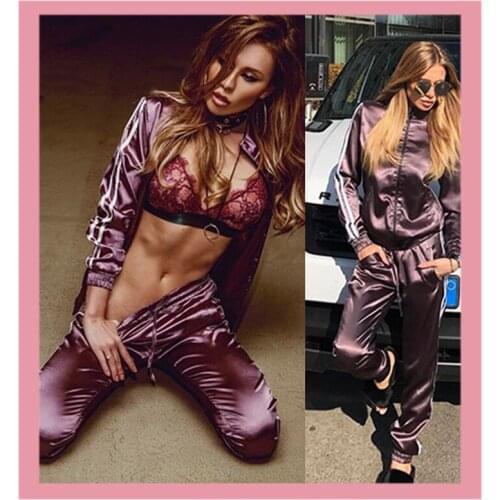2020 Casaul Tracksuit Women 2 Piece Set Top And Pants Satin Striped Patchwork Zipper Sexy Sweatshirt Sweat Suit Womens Clothes