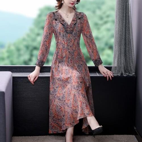 2021 Autumn Red Print Mulberry Silk Midi Dresses Women Elegant Bodycon Party Vestidos Winter Vintage Plus Size Long Sleeve Dress