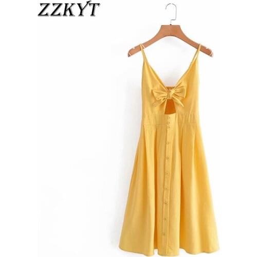 ZZKYT 2021 Women Summer Fashion Solid Bow Tie Midi Dress Vintage V-Neck Sleeveless Backless Button Female Dresses Vestidos