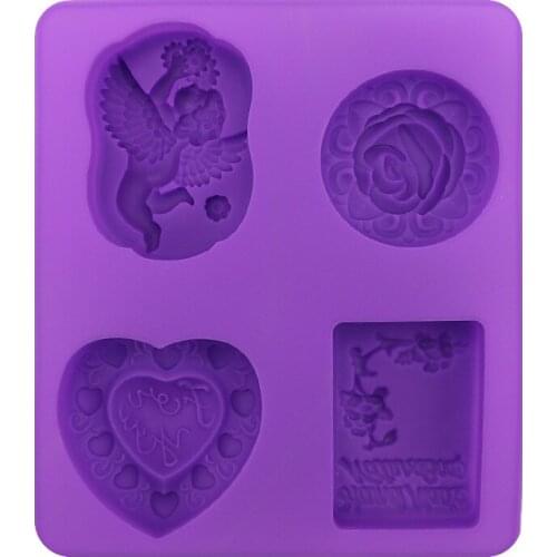 4 cavity Different geometric shapes Silicone handmade soap mold Angel baby, love, roses flower Cake mold Jelly Pudding Mold