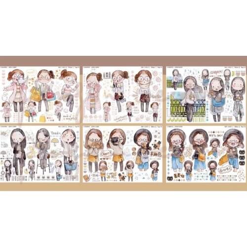 6Pcs Lovely Little Travel Girl Sticker Sheet Card Making Bullet Journal DIY Scrapbooking