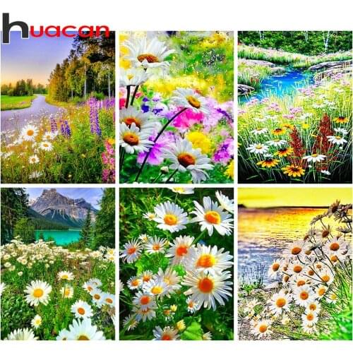 Huacan DIY Diamond Painting Kits Full Drill Daisy Diamond Embroidery Landcape Mosaic Home Decoration