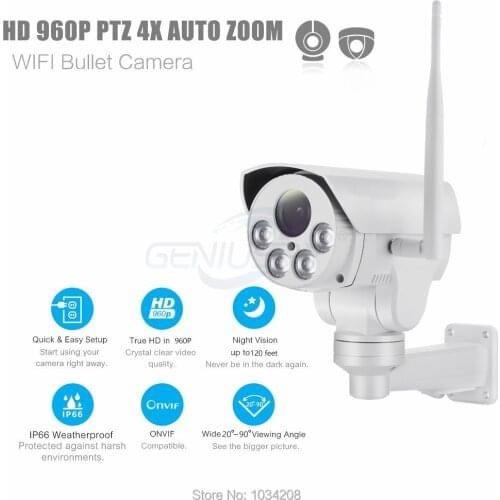 HI3518C+AR0130 960P Wifi PTZ IP Camera HD Bullet Outdoor 4X Zoom Pan Tilt 2.8-12mm 1.3MP Wireless IR Onvif SD Card Camera