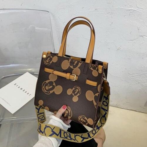 Disney cartoon Mickey lady large-capacity printing pu fashion retro handbag girl wild one-shoulder wide diagonal bag