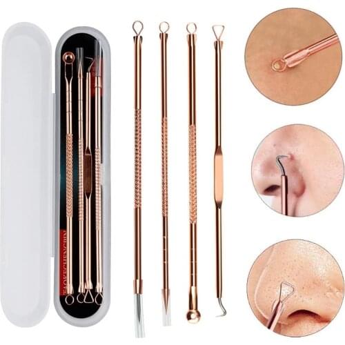 4pcs Per Set Stainless Steel Blackhead Comedone Extractor Gold Pimple Spot Cleanser Beauty Face Cleaning Care Tools