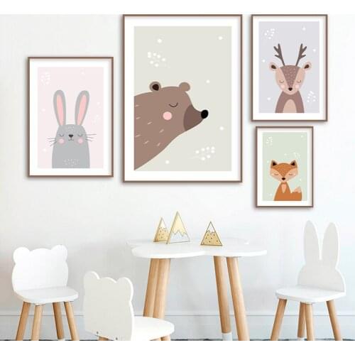 Forest Animals Rabbit Bear Deer Fox Poster Canvas Painting Nursery Wall Art Print Child Room Picture Nordic Kids Bedroom Decor