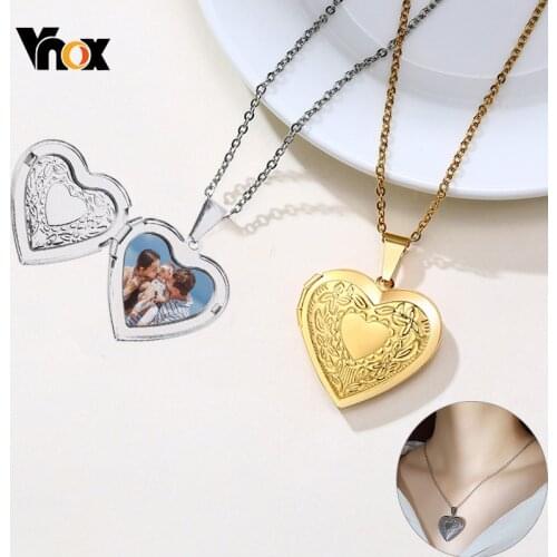Vnox Customizable Heart Pendant Women Necklaces Stainless Steel Metal Photo Frame Family Love BFF Gift Jewelry