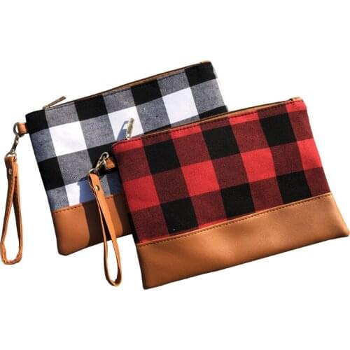 New arrival hot selling brown bottom buffalo plaid cosmetic bag with tassel PU leather checked women clutch