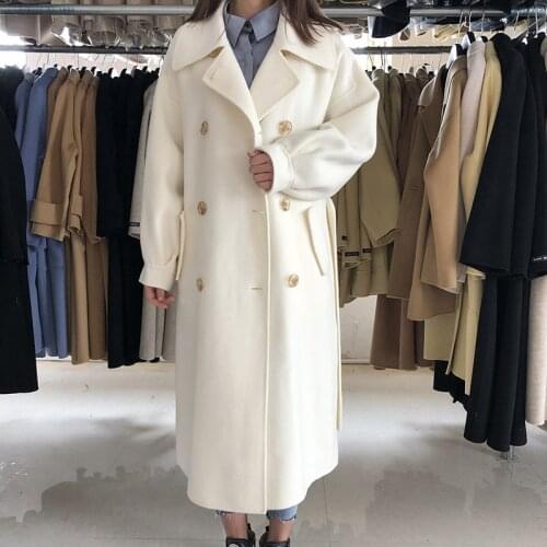 2020 Winter Korean Handmade High End Long Woolen Overcoat Women White Loose Plus Size Double Sided 100% Wool Coat Jacket