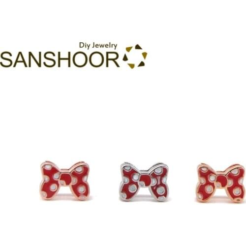SANSHOOR Hot Sale Cute Red Bowknot 8mm Slide Charms Fit Handmade Keeper Bracelet Wristband Belts For Women Toddler Childs 6Pcs