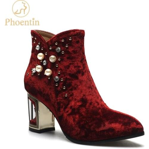 Phoentin string bead sexy women boots crystal flower high heels birdcage fretwork heel rivet zipper ankle boots for women FT254