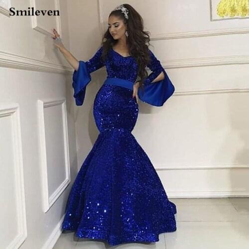 Smileven Royal Blue Mermaid Evening Dress Flare Sleeve Shiny Sequin Formal Dress Party Gown robe de soiree Mermaid Prom Gowns