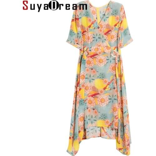 SUYADREAM Women Belted Dress 100%SILK CREPE Floral Printed Dress Short Sleeved Knee length Dresses for Women 2020 Summer