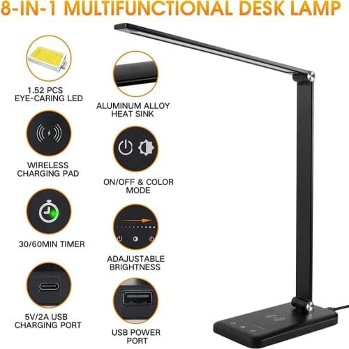 LED Desk Lamp USB Charging Port Wireless Charger Touch Control Dimmable Eye-Caring Light 5 Lighting Modes & 5 Brightness Levels
