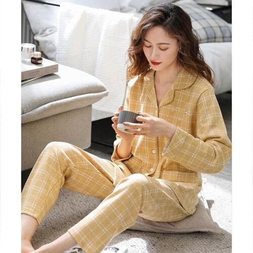 Spring Cotton Women Pajamas Sets Long Sleeve Pyjama Turn-down Womens Pijamas Suit Home Clothes Female Sleepwear