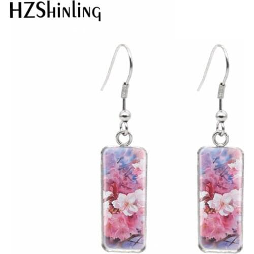 2021 New Fashion Cherry blossoms flower paintings Rectangular Hook Dangle Earrings Glass Cabochons Ear Jewelry
